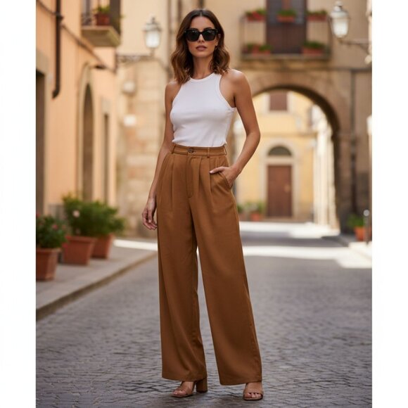 Reformation Mason Pants – Camel Pleated Wide-Leg Tencel Trousers (Size 2) - Picture 2 of 7